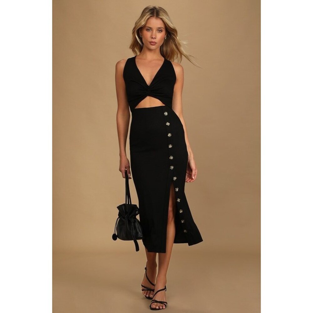 Lulus Trend Seeker Black Ribbed Twist-front Cutout Midi Dress - Size S